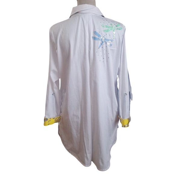 Berek White Whimsical Artsy Tunic Dragonfly Embellished Button Front Shirt Sz L - Picture 2 of 11
